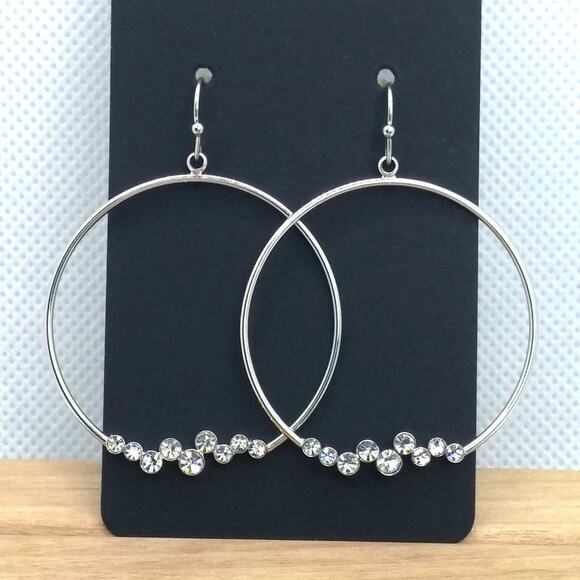 Lia Sophia Large Hoop Earrings Cut Crystal Silver Tone Vintage Dangle Drop Boho - Picture 10 of 11